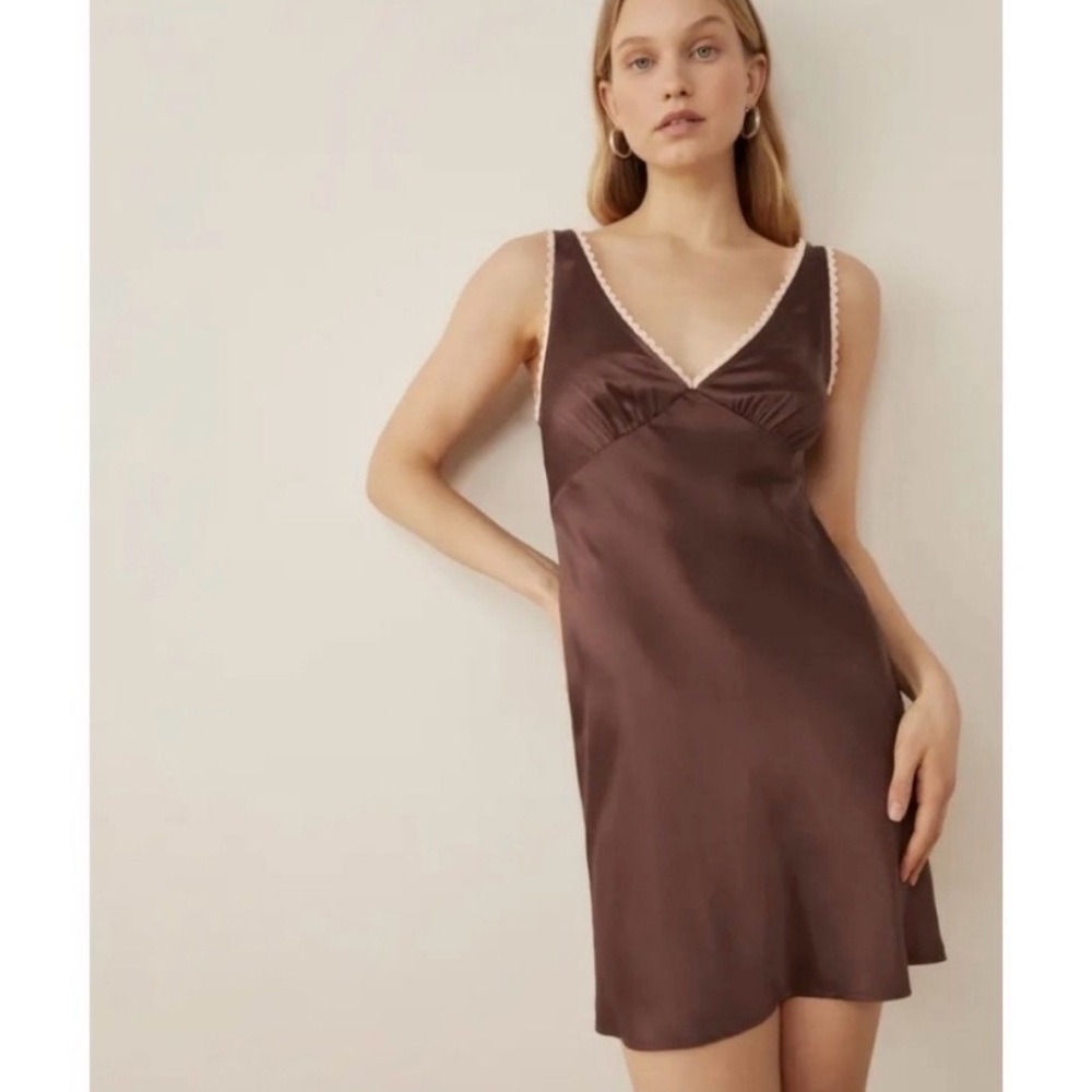 Reformation | Keaton Brown Silk Lace Trim Mini Dress